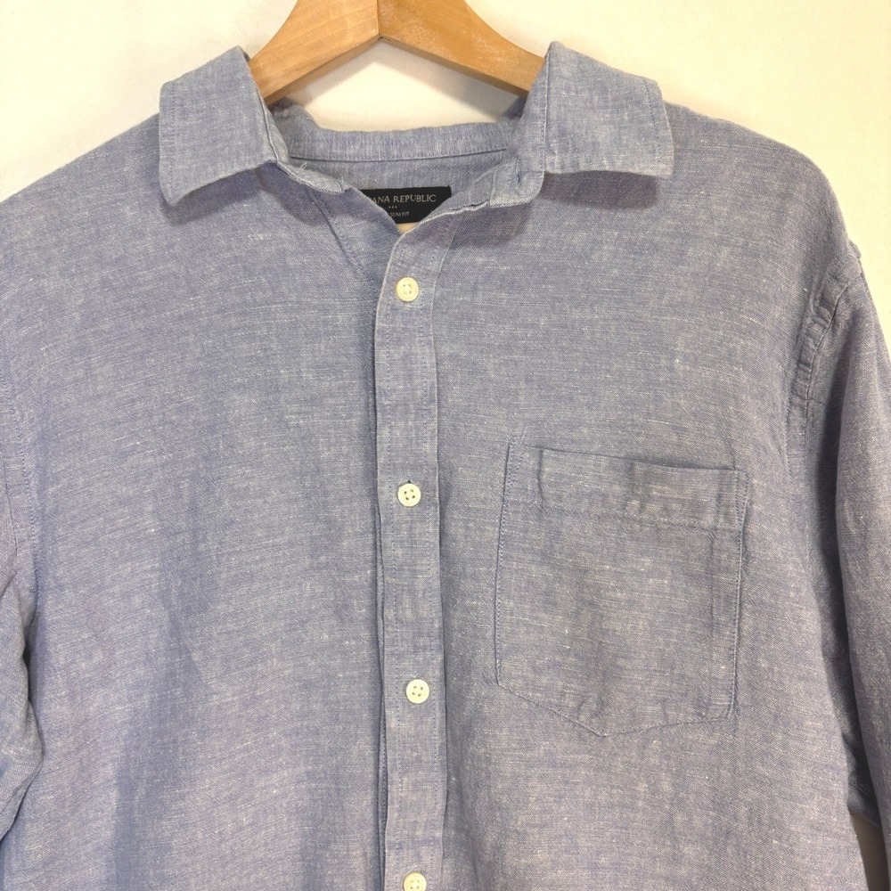 Banana Republic Linen Blend Slim Fit Button Up‎ Shirt Mens L Blue Costal Casual - Picture 2 of 7